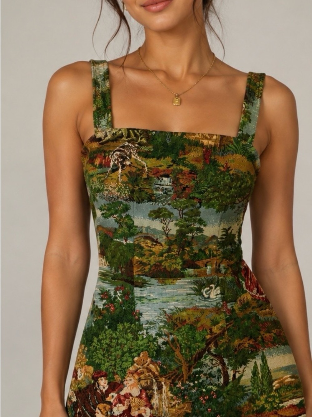 Cider Scenic Tapestry Mini Dress in Green Multi XSmall NWT